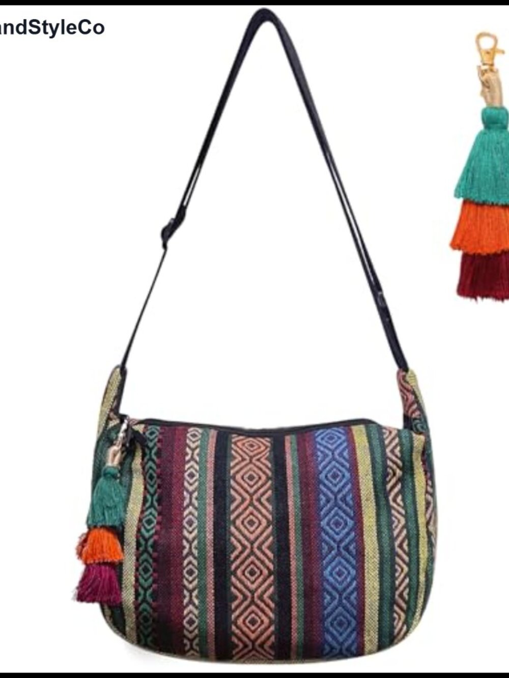 Hippie Crossbody Bag for Women with Tassel Keychain, Adjustable Strap